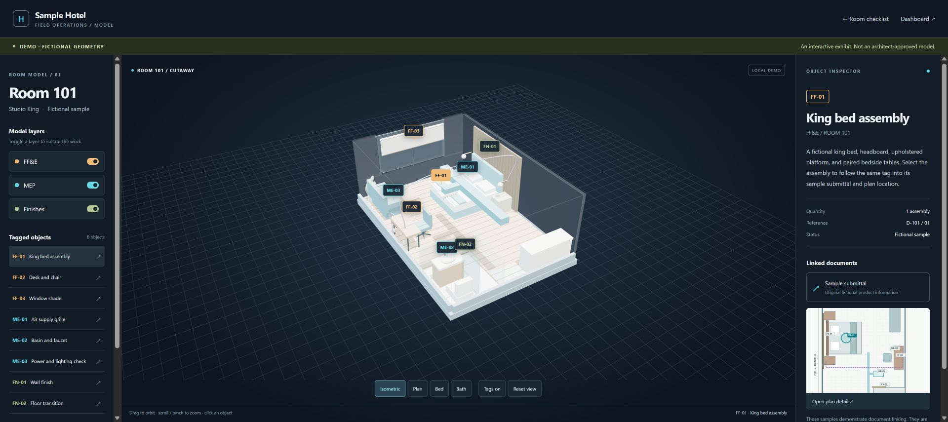 Interactive sample room model with FF&E, MEP, and finishes layers and tagged reference information.